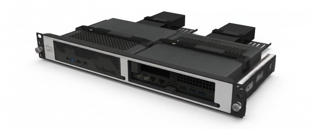 Product visualization of the Atlas Fabric Node: a 19-inch rack tray holding two compact compute modules, with Atlas Fabric on the faceplate.